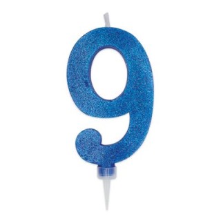 Maxy  Candelina di cera  numero 9 di colore Blù con brillantini incorporati  14 Cm  pz 1