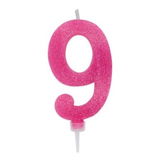 Maxy  Candelina di cera  numero 9 di colore fucsia con brillantini incorporati  14 Cm  pz 1