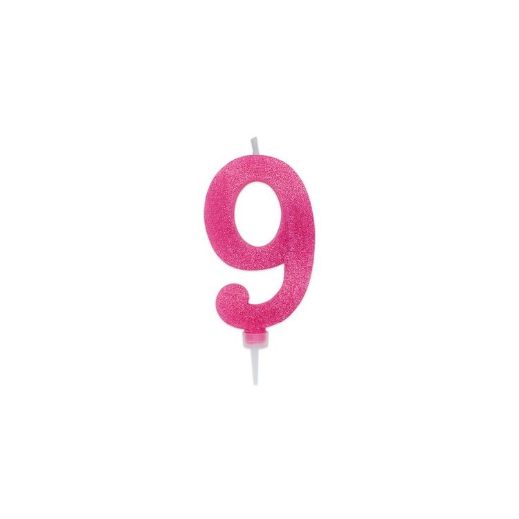 Maxy  Candelina di cera  numero 9 di colore fucsia con brillantini incorporati  14 Cm  pz 1