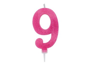 Maxy  Candelina di cera  numero 9 di colore fucsia con brillantini incorporati  14 Cm  pz 1