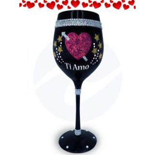 Maxy Calice ( TI AMO  ) in vetro nero lucido con scritta in strass e glitter a rilievo   pz 1