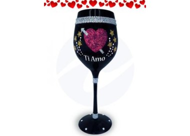 Maxy Calice ( TI AMO  ) in vetro nero lucido con scritta in strass e glitter a rilievo   pz 1