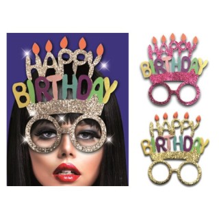 Occhiali Compleanno  HAPPY BIRTHDAY   con glitter e Payette   - plastica e pannolenci  - L 15 cm x H 17 cm - 1 pezzo