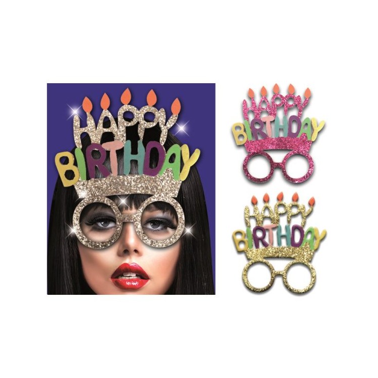Occhiali Compleanno  HAPPY BIRTHDAY   con glitter e Payette   - plastica e pannolenci  - L 15 cm x H 17 cm - 1 pezzo