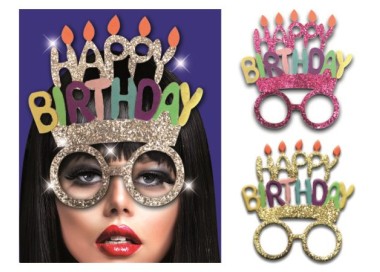 Occhiali Compleanno  HAPPY BIRTHDAY   con glitter e Payette   - plastica e pannolenci  - L 15 cm x H 17 cm - 1 pezzo