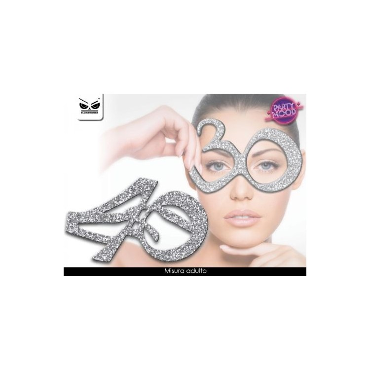 Occhiali Compleanno 40 Anni argentati  con glitter  - plastica - L 15 cm x H 10 cm - 1 pezzo