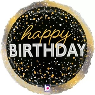 Palloncino  con scritta "Happy Birthday"retro " let's party " nero oro  e bianco metallizzato 18" / 46 cm - 1 pz