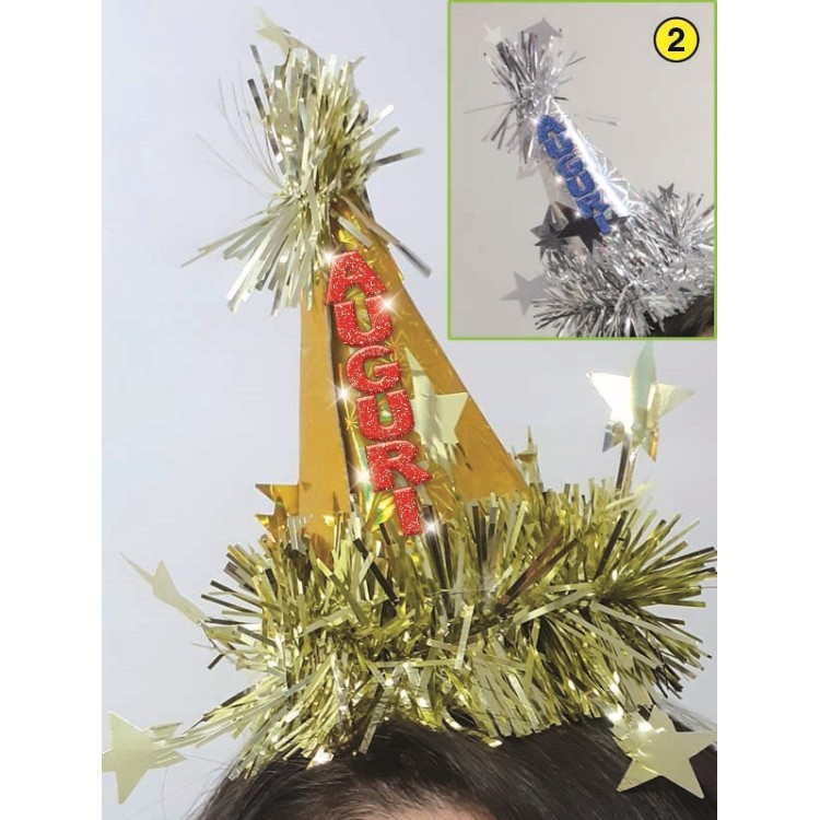  Cerchietto cappellino   Compleanno  - 1 pezzo -  color argento e blu/oro o rosso  con scritta Auguri