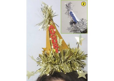  Cerchietto cappellino   Compleanno  - 1 pezzo -  color argento e blu/oro o rosso  con scritta Auguri