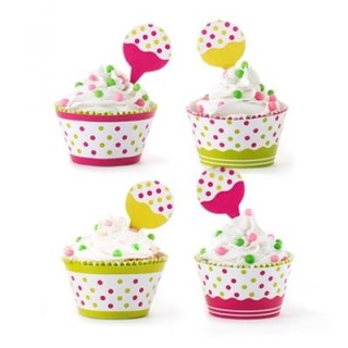 KIT 12 COPRI-PIROTTINI per CUPCAKES-MUFFIN a POIS + 12 PICKS a POIS - DECORA
