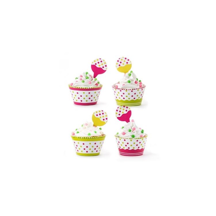 KIT 12 COPRI-PIROTTINI per CUPCAKES-MUFFIN a POIS + 12 PICKS a POIS - DECORA