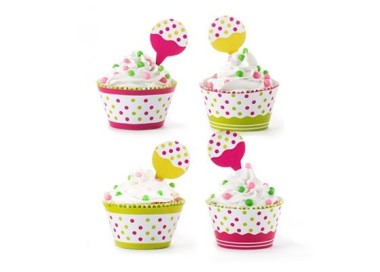 KIT 12 COPRI-PIROTTINI per CUPCAKES-MUFFIN a POIS + 12 PICKS a POIS - DECORA