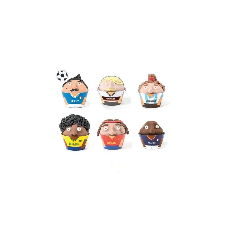 KIT 12 COPRI-PIROTTINI per CUPCAKES-MUFFIN fantasia CALCIATORI squadre miste + 12 PICKS tema "WORLD CUP" CALCIO - DECORA
