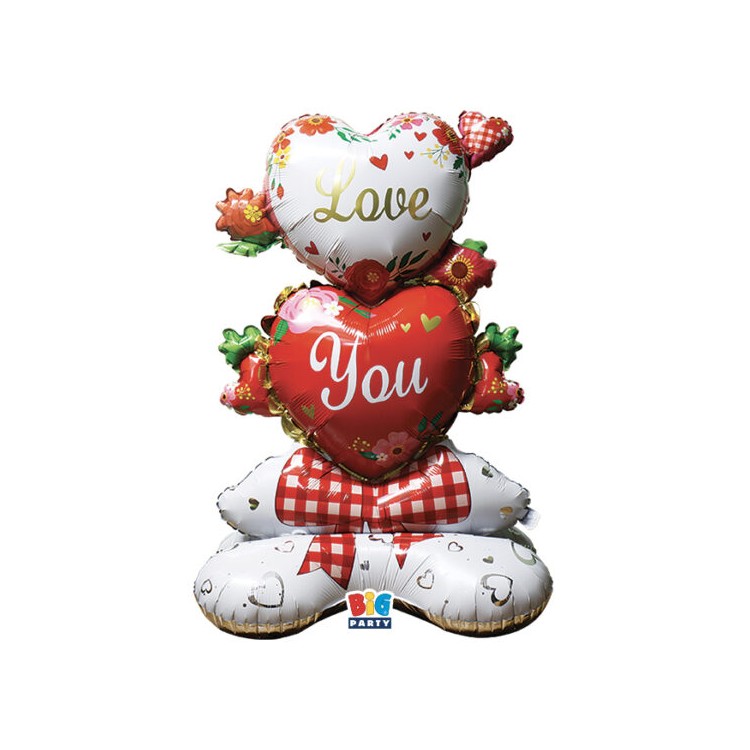 Palloncino 80x112x50 cm  AirLoonz Composizione di cuori  rossa bianca e oro con scritta LOVE YOU 1 pz