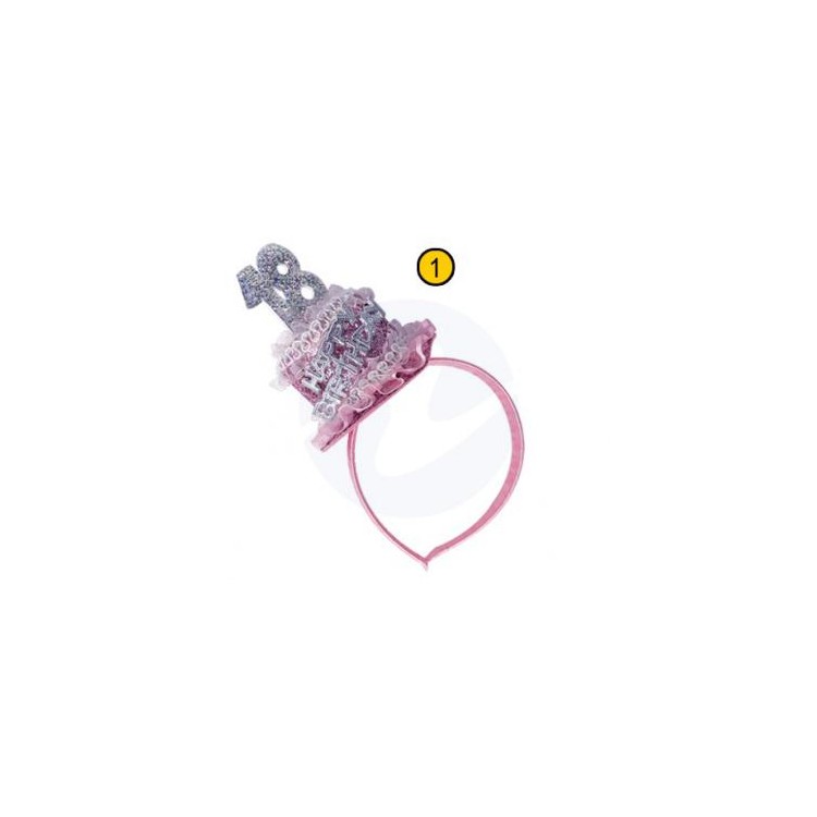  Cerchietto Tortina   Compleanno 18 anni - 1 pezzo -  color argento e Rosa  con scritta ( Happy Birthday )