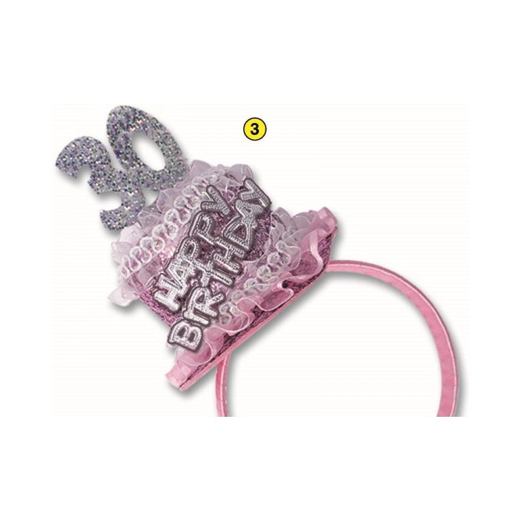  Cerchietto Tortina   Compleanno 30 anni - 1 pezzo -  color argento e Rosa  con scritta ( Happy Birthday )