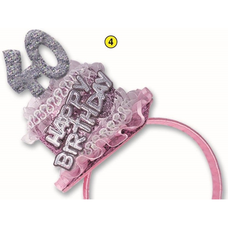  Cerchietto Tortina   Compleanno 40 anni - 1 pezzo -  color argento e Rosa  con scritta ( Happy Birthday )