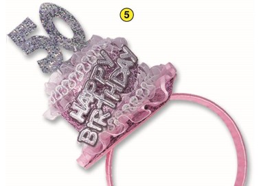  Cerchietto Tortina   Compleanno 50 anni - 1 pezzo -  color argento e Rosa  con scritta ( Happy Birthday )