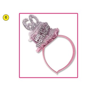  Cerchietto Tortina   Compleanno 60 anni - 1 pezzo -  color argento e Rosa  con scritta ( Happy Birthday )