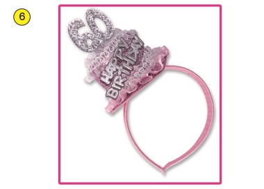  Cerchietto Tortina   Compleanno 60 anni - 1 pezzo -  color argento e Rosa  con scritta ( Happy Birthday )
