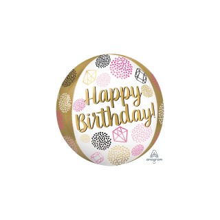 Palloncino Compleanno a sfera "Happy Birthday" Orbz Anagram bianco e oro )- 43 cm x 45 cm - 1 pz