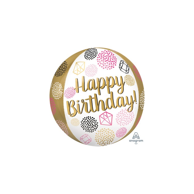 Palloncino Compleanno a sfera "Happy Birthday" Orbz Anagram bianco e oro )- 43 cm x 45 cm - 1 pz