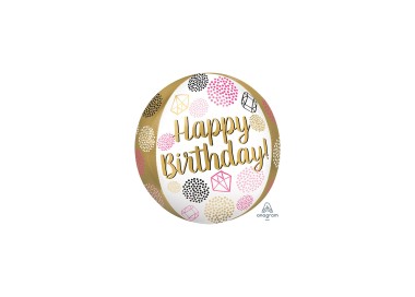 Palloncino Compleanno a sfera "Happy Birthday" Orbz Anagram bianco e oro )- 43 cm x 45 cm - 1 pz