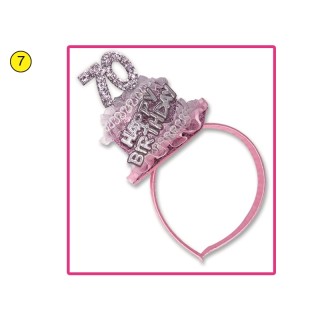  Cerchietto Tortina   Compleanno 70 anni - 1 pezzo -  color argento e Rosa  con scritta ( Happy Birthday )