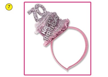  Cerchietto Tortina   Compleanno 70 anni - 1 pezzo -  color argento e Rosa  con scritta ( Happy Birthday )