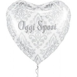 Palloncino Matrimonio Sposi con scritta  (Oggi Sposi) - colore bianco e stampa damascata argento - 18"/46 cm - 1 pz