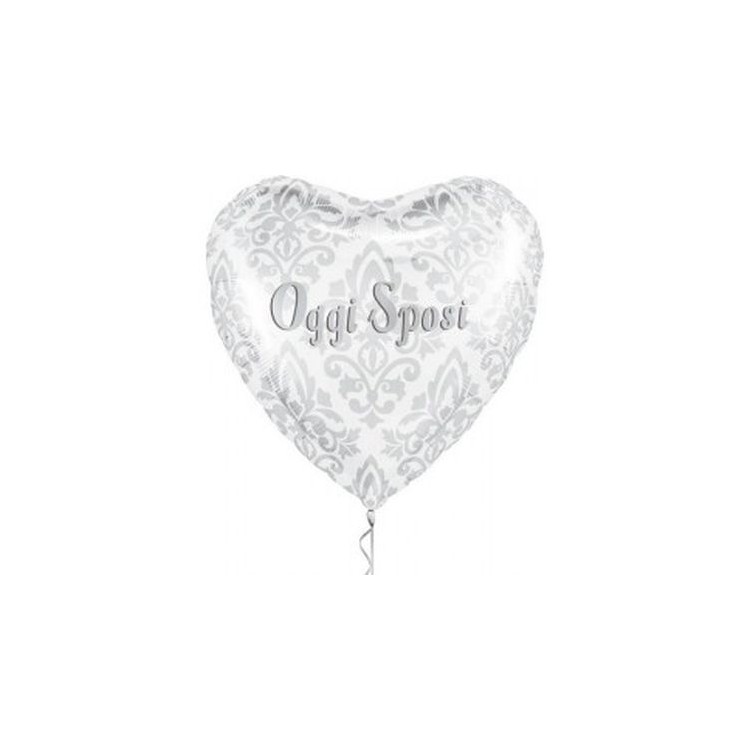 Palloncino Matrimonio Sposi con scritta  (Oggi Sposi) - colore bianco e stampa damascata argento - 18"/46 cm - 1 pz
