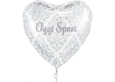 Palloncino Matrimonio Sposi con scritta  (Oggi Sposi) - colore bianco e stampa damascata argento - 18"/46 cm - 1 pz