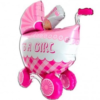 Palloncino Nascita Bimba CULLA - CARROZZINA Rosa con scritta "It's a Girl!" (3-4 D) -Grabo- 107 cm - 1 pezzo