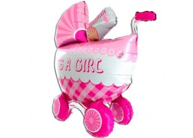 Palloncino Nascita Bimba CULLA - CARROZZINA Rosa con scritta "It's a Girl!" (3-4 D) -Grabo- 107 cm - 1 pezzo