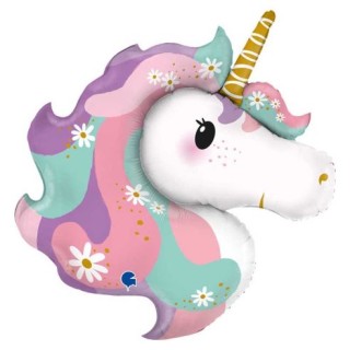 Palloncino Unicorno con fiori (Testa Unicorno)  - SuperShape -  - 32"/ 81 cm - 1 pz