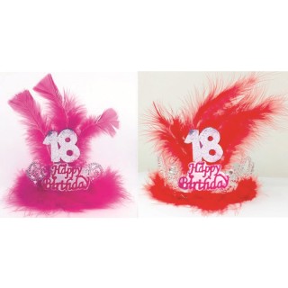  TIARA HAPPY BIRTHDAY 18 ANNI CON PIUME E MARABU’ Corona / Tiara  Compleanno 18 anni - 1 pezzo - plastica - color argento  con 
