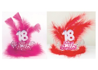  TIARA HAPPY BIRTHDAY 18 ANNI CON PIUME E MARABU’ Corona / Tiara  Compleanno 18 anni - 1 pezzo - plastica - color argento  con 