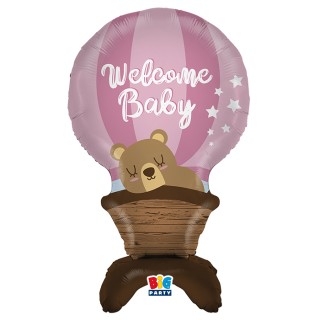 PalloncinoMongolfiera con Orsetto Rosa con scritto " Welcome Baby "da gonfiare ad aria come centrotavola 95 x 63 Milar Big Paty