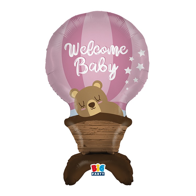 PalloncinoMongolfiera con Orsetto Rosa con scritto " Welcome Baby "da gonfiare ad aria come centrotavola 95 x 63 Milar Big Paty