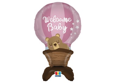 PalloncinoMongolfiera con Orsetto Rosa con scritto " Welcome Baby "da gonfiare ad aria come centrotavola 95 x 63 Milar Big Paty