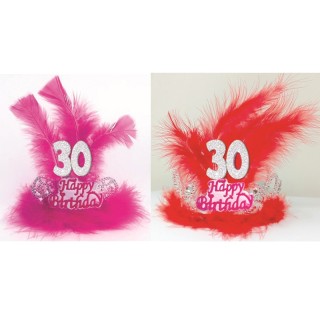  TIARA HAPPY BIRTHDAY 30 ANNI CON PIUME E MARABU' Corona / Tiara  Compleanno 30 anni - 1 pezzo - plastica - color argento  con 