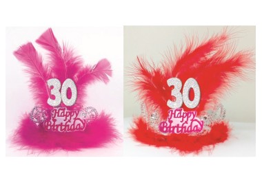  TIARA HAPPY BIRTHDAY 30 ANNI CON PIUME E MARABU' Corona / Tiara  Compleanno 30 anni - 1 pezzo - plastica - color argento  con 