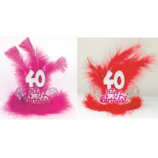  TIARA HAPPY BIRTHDAY 40 ANNI CON PIUME E MARABU' Corona / Tiara  Compleanno 40 anni - 1 pezzo - plastica - color argento e Fuc