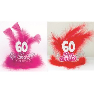  TIARA HAPPY BIRTHDAY 60 ANNI CON PIUME E MARABU'  Corona / Tiara  Compleanno 60 anni - 1 pezzo - plastica - color argento  con