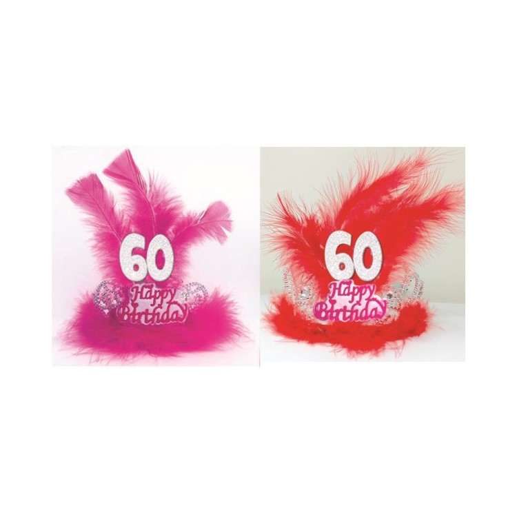  TIARA HAPPY BIRTHDAY 60 ANNI CON PIUME E MARABU'  Corona / Tiara  Compleanno 60 anni - 1 pezzo - plastica - color argento  con