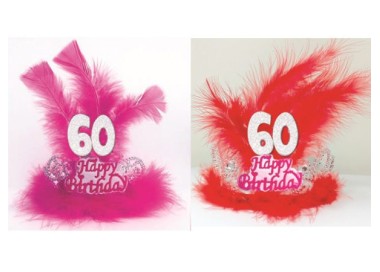  TIARA HAPPY BIRTHDAY 60 ANNI CON PIUME E MARABU'  Corona / Tiara  Compleanno 60 anni - 1 pezzo - plastica - color argento  con