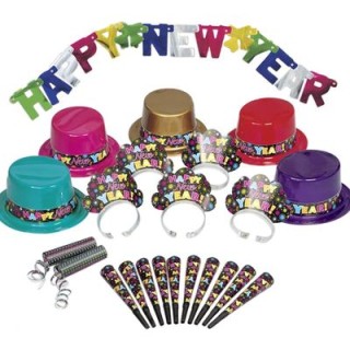 Party Kit : Kit Accessori per Capodanno (tema Happy New Year) - 57 pezzi: cappellini, coroncine, trombette, filari da soffiare,