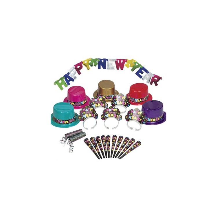 Party Kit : Kit Accessori per Capodanno (tema Happy New Year) - 57 pezzi: cappellini, coroncine, trombette, filari da soffiare,