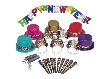 Party Kit : Kit Accessori per Capodanno (tema Happy New Year) - 57 pezzi: cappellini, coroncine, trombette, filari da soffiare,
