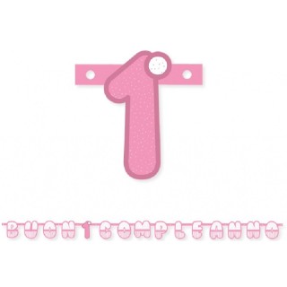 Festone Buon 1° Compleanno Bambina Fucsia , Rosa e bianco   - L 215 x 15 cm H - Big Party  -  1 pz